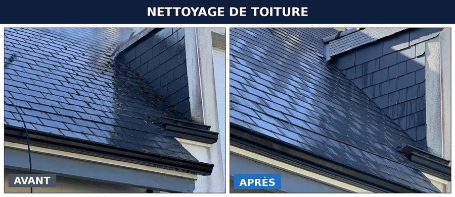Avant / après d'une toiture traitée par Stahl Nettoyage, entreprise de nettoyage à Carentan